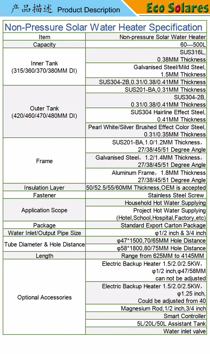 New 100 Liters to 300 Liters En12976 Certified Heat Pipe Compact Pressurized Solar Water Heater