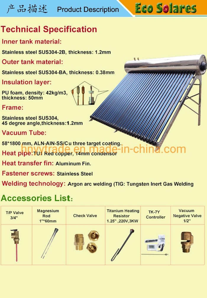 High Pressure Integrated Solar Water Heater with Heat Pipe Tubes